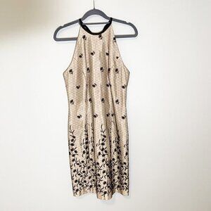 Vintage Mevisto Made in USA gold black shimmer tie back‎ halter neck dress